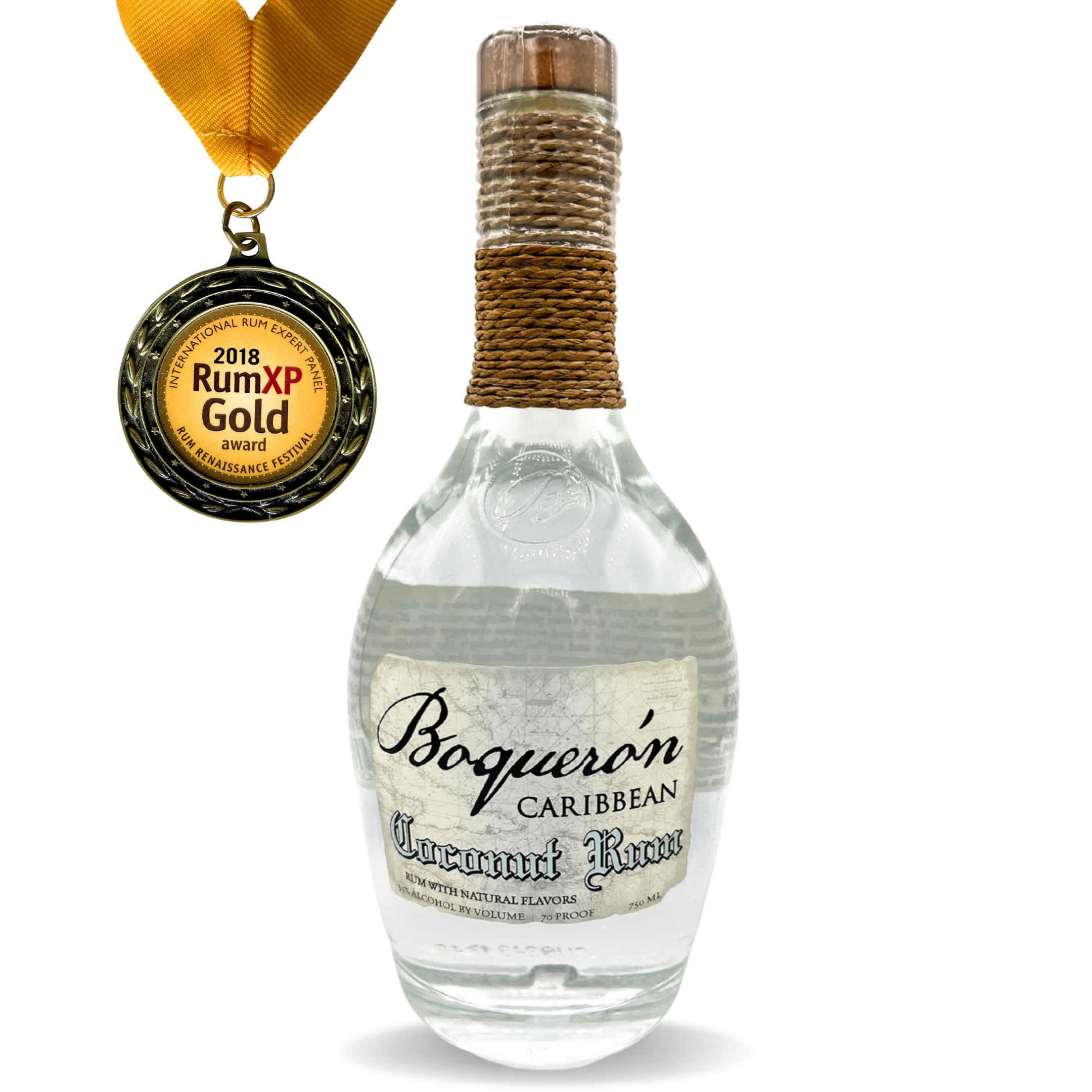 Boquerón Caribbean Coconut Rum bottle with 2018 Rum XP Gold medal